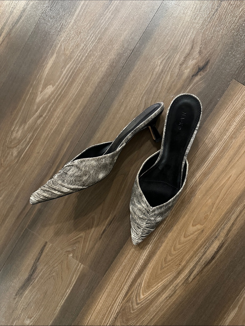 NWOB NA-KD Metallic Pewter Pointed-Toe Mule Heels
